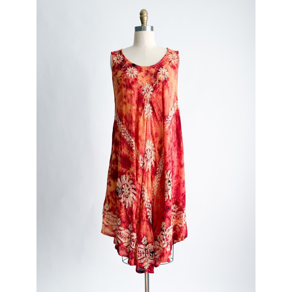 Rima Beach World Midi Dress Boho Tie Dye Floral Embroidery OS Red Orange Batik